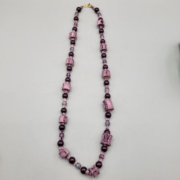 Vintage Freirich Mixed Materials Bead Necklace Wood Glass Resin Purple - Picture 4 of 4